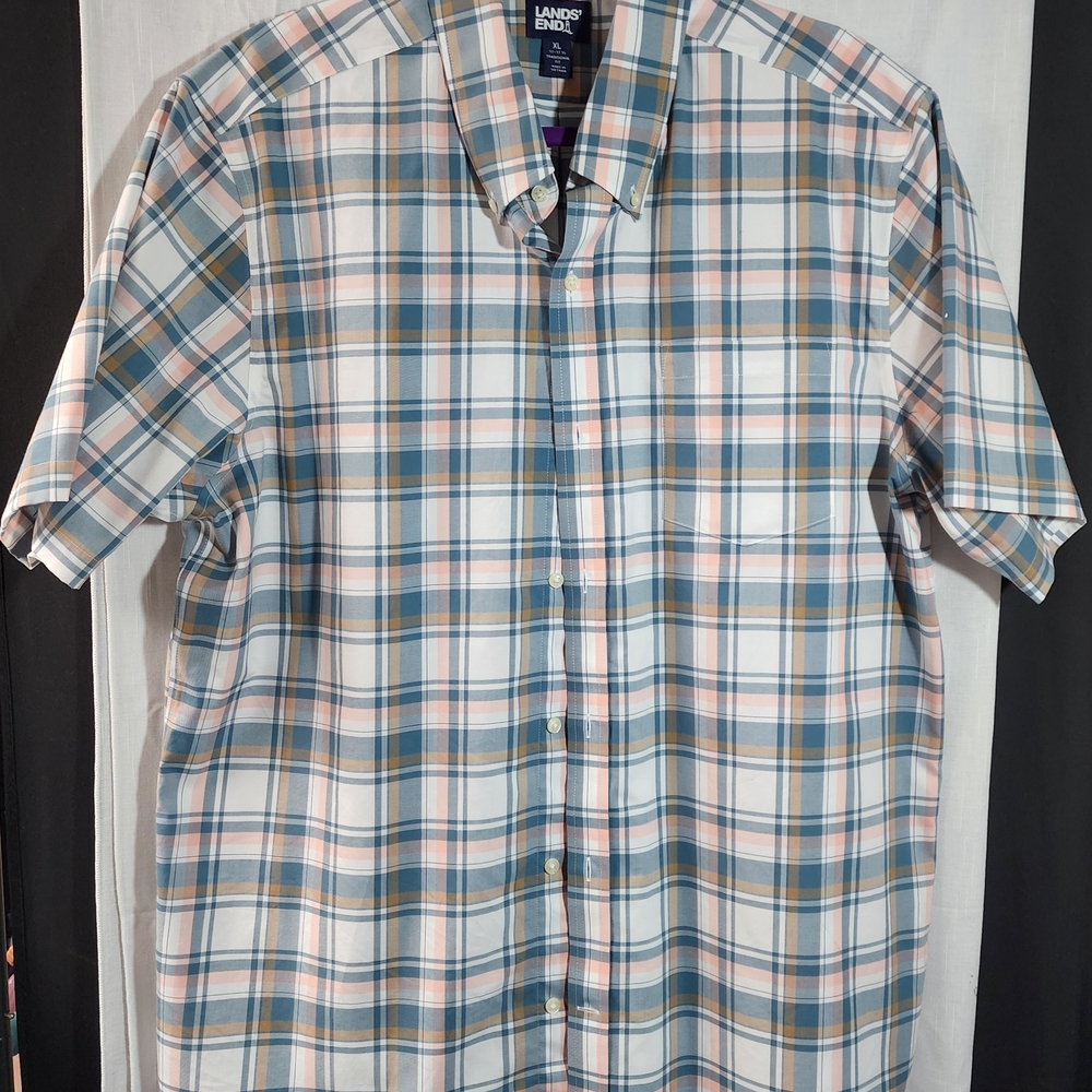 Lands' End Men's Casual Plaid Shirt - Blue, Orange, White